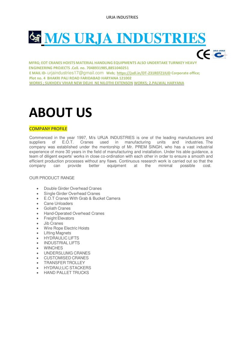 URJA INDUSTRIES company profile